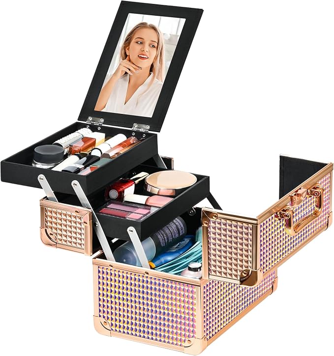 Makeup Case Organizer, Makeup Train Case, Trays Cosmetic Box Portable,