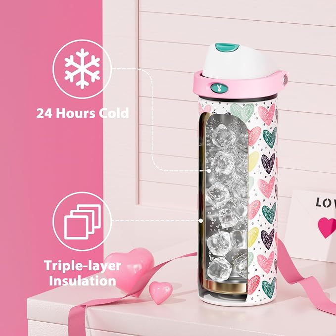 24 oz Valentine's Day Water Bottle: Meoky Stainless Steel Water Bottle with Straw and Spout Lid - Leak Proof, Cold for 24 Hours, Fits in Car Cup Holder, Valentines Day Gifts for Him Men Husband, Heart
