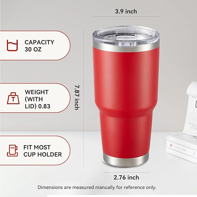 30 oz Tumbler with Lid Stainless Steel Tumblers Bulk Vacuum Insulated Cup Reusable Powder Coated Travel Mug Double Wall Leak Proof Cups Keep Cold Drinks for 12 Hours Red, Set of 12
