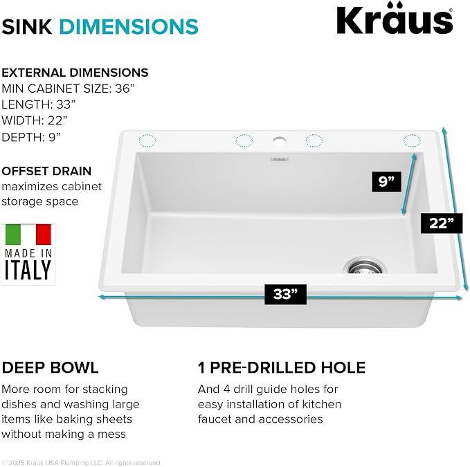 KRAUS Forteza 33-inch Granite Drop In/Undermount Single Bowl White Kitchen Sink
