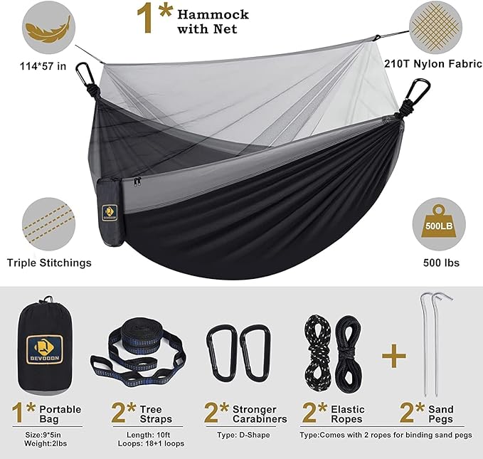 Camping Hammock with Net, Portable Lightweight Double Hammocks with Tree Straps
