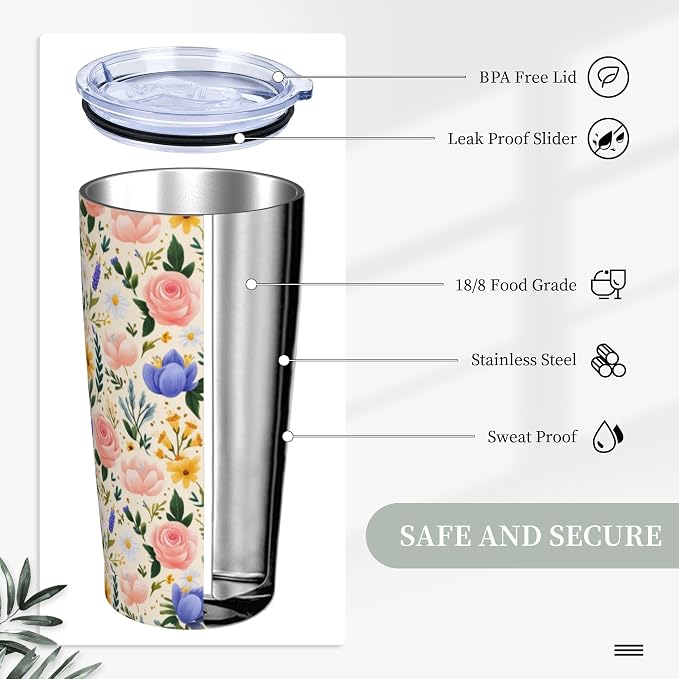 Floral Tumbler with Lid and Straw 20oz Vacuum Insulated Coffee Cup Stainless Steel Tumblers Leakproof Travel Mug Present for Women Men