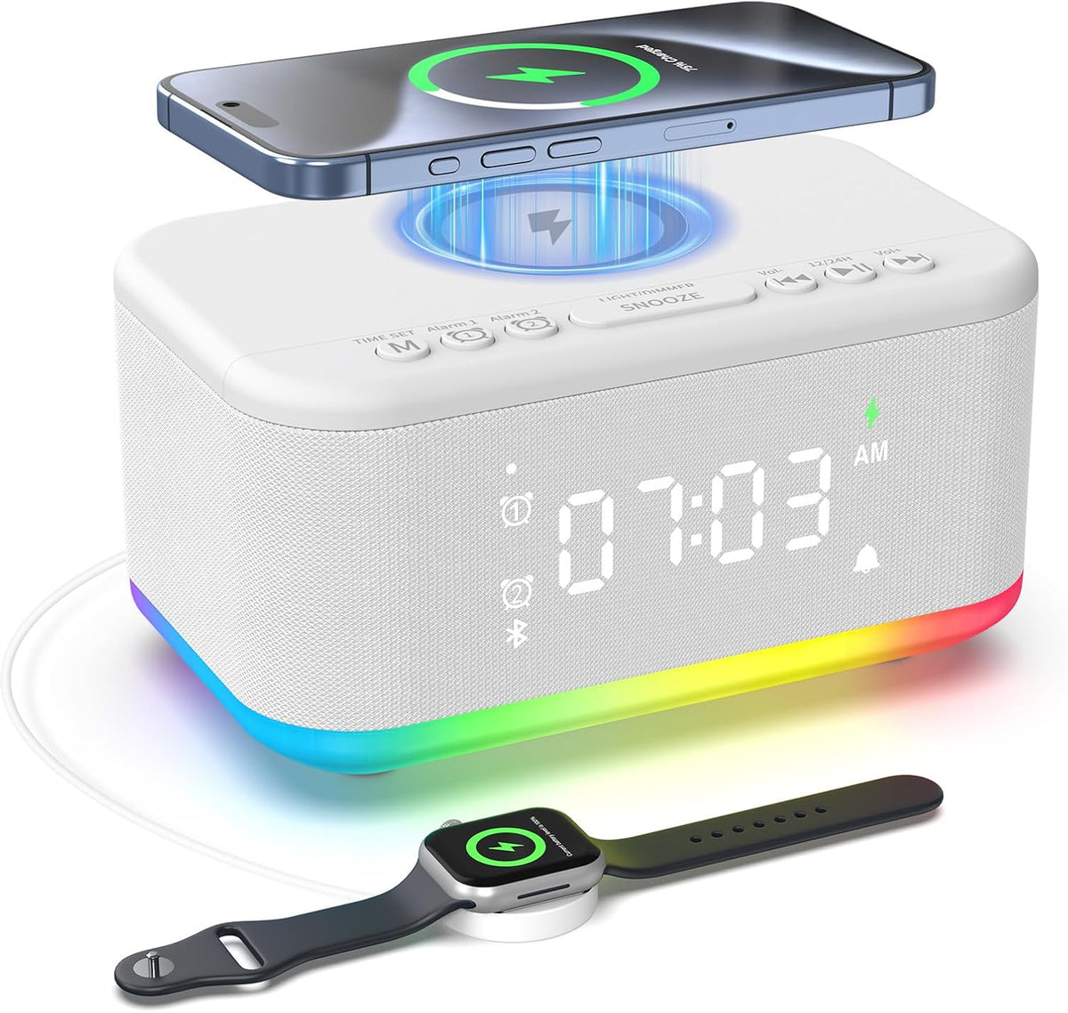 Alarm Clock Speaker Wireless Charger, Digital Alarm Clocks Bedrooms Bluetooth, Alarm Clock Dimmable Light Bedrooms Bluetooth Speaker Dual Alarm Snooze 12/24H Dimmer Support USB AUX, White