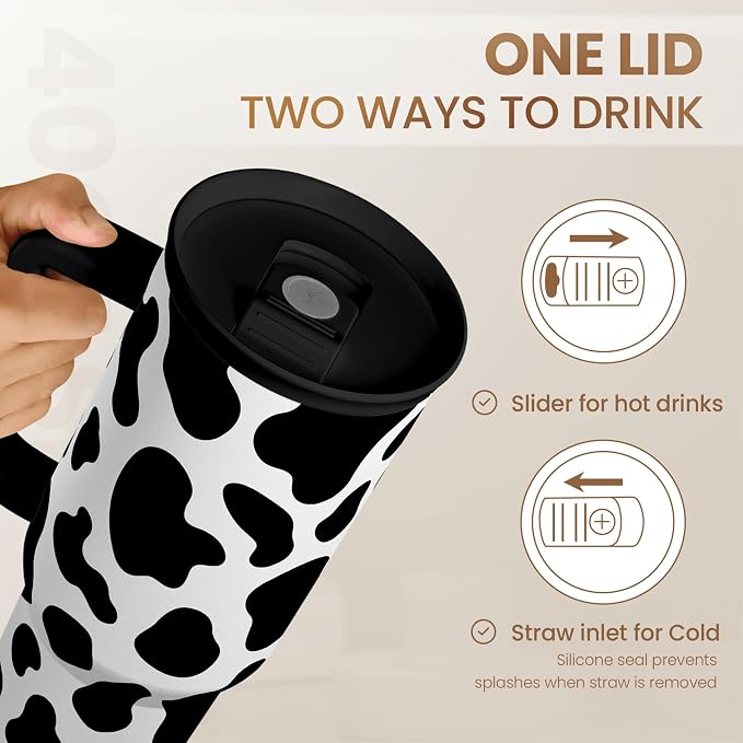 SANDJEST Cow Tumbler with Handle 40oz, Cow Print Cup Stainless Steel Tumblers Coffee Travel Cups with Slider Lid, Cow Gifts for Women Birthday Christmas Mothers Day