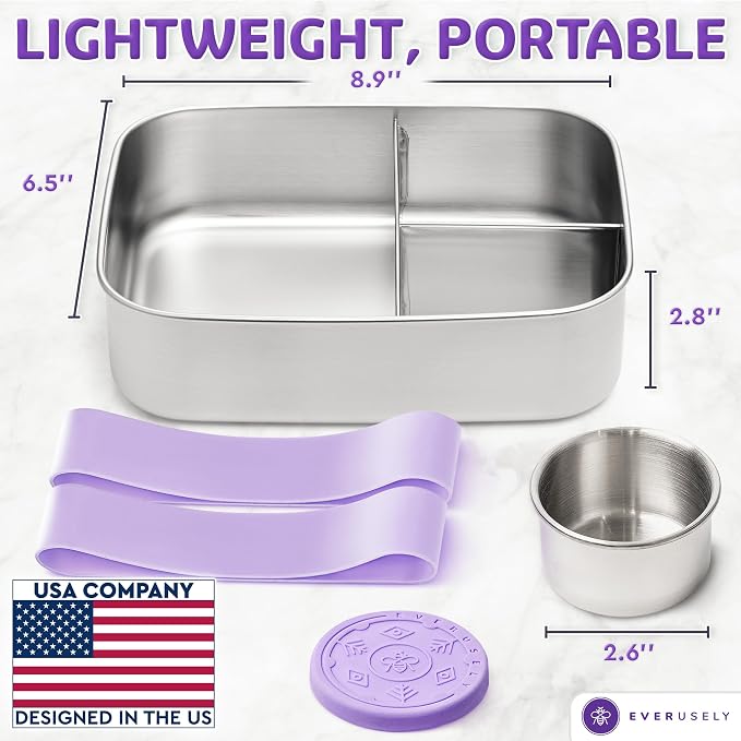 Everusely - Bento Box - Lavender, 60oz / 1.8 L - Stainless Steel Lunch Box - 3