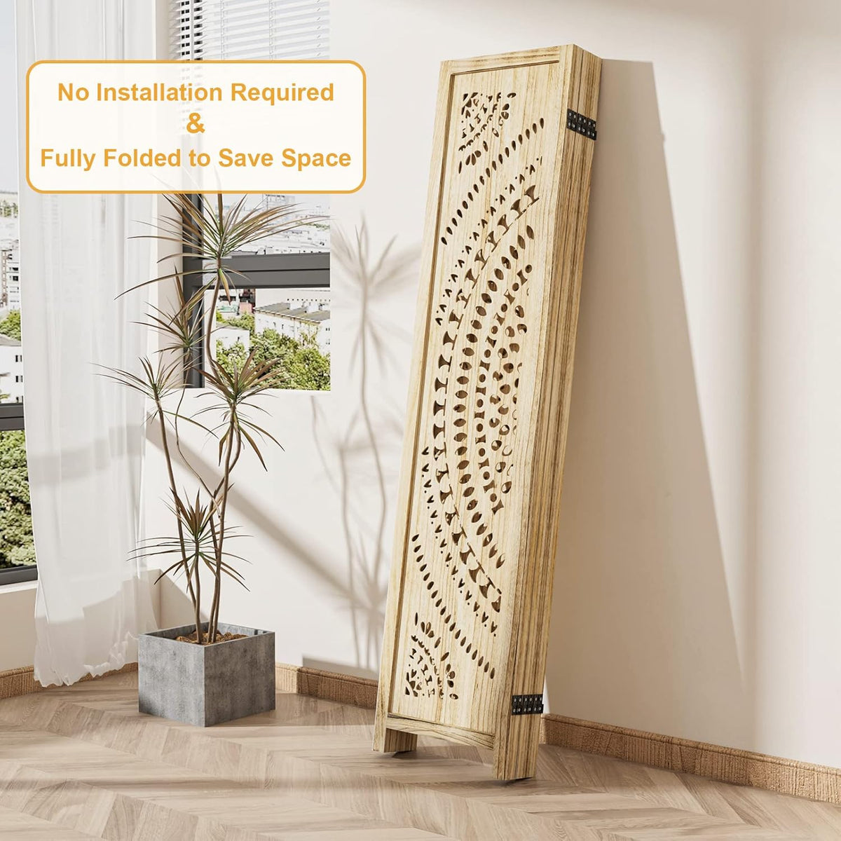 3 Panel Handcrafted Carved Room Divider Screen, 360° Adjustable Wood Folding Privacy Screens for Room Separation, 66.9 Inch Partition Room Dividers for Home Bedroom Office, Natural
