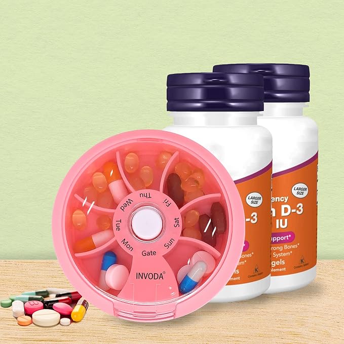 INVODA Weekly Pill Organizer 7 Compartment Rotating Pill Box