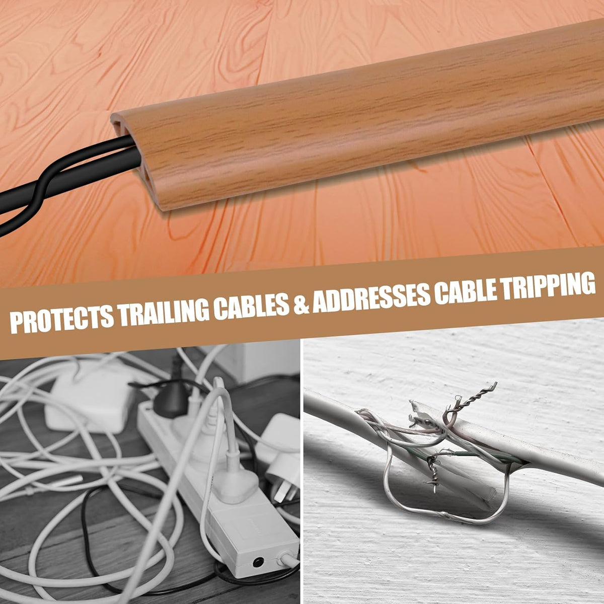 Floor Cord Cover Self Adhesive Cord Hider,10FT Cable Management, Extension Strip Protector for Wires, Prevent Cable Trips for Offices, Gyms, Exhibitions Cavity:0.51"(W) x 0.3"(H) Brown Wood