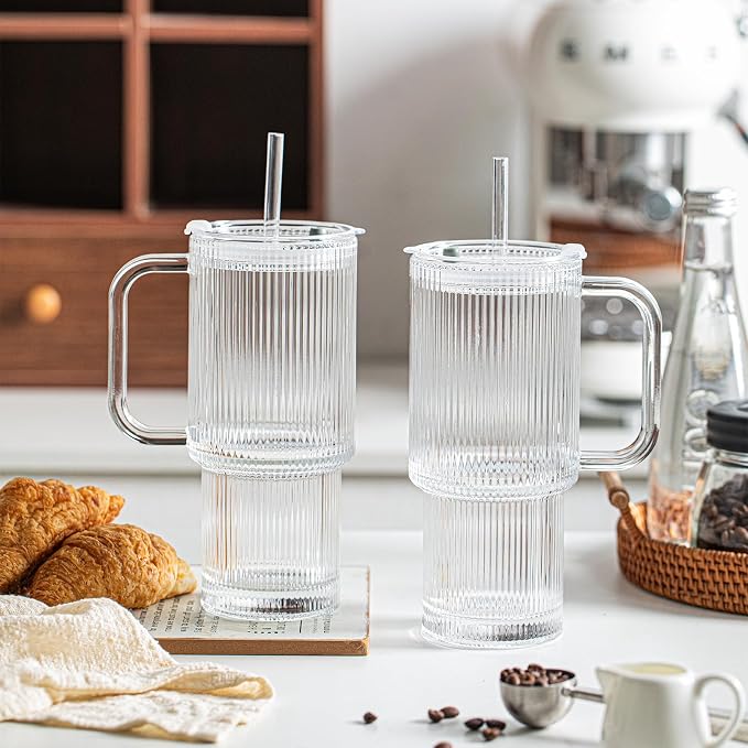 INSETLAN 24oz Ribbed Glass Tumbler with Handle & Lid – 2-Pack Large Iced Coffee Cups with Straws, Modern Glass Mug for Cold & Hot Beverages, Aesthetic Travel Cup for Smoothies, Tea, and Juice