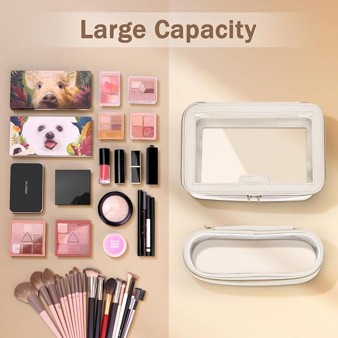 Travel Clear Makeup Bag with Makeup Brush Bag, Leather Makeup Case Toiletry Bag