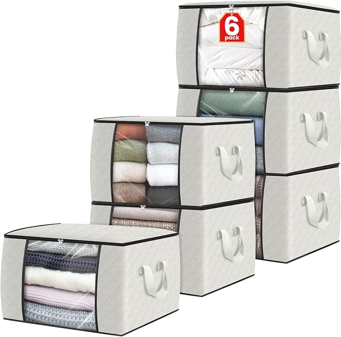 Fab totes 6 Pack Clothes Storage, Foldable Thick Fabric Blanket Storage Bags