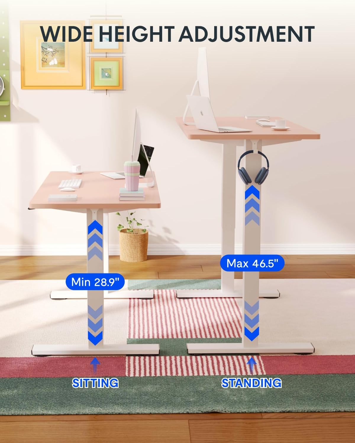 FLEXISPOT EN1 One-Piece Standing Desk, 48 x 24 Inches Electric Height Adjustable Desk for Home Office (White Frame + Pink Desktop)