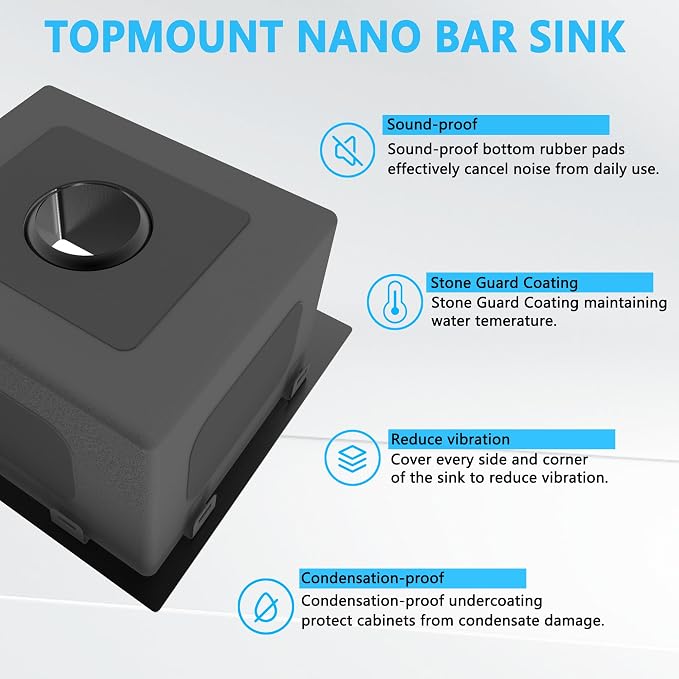15 x 15 inch Drop in Bar Sink Black, Gunmetal Black Bar Sink 18 Gague Topmount