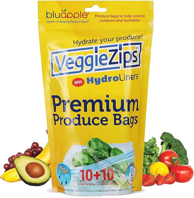 Bluapple VeggieZips Premium Produce Storage System - 20 Piece Set, 10 Food Saver Bags + 10 HydroLiners, Keep Produce Fresh Longer, Washable & Reusable Bags with Humidity Control for Fruit & Vegetables
