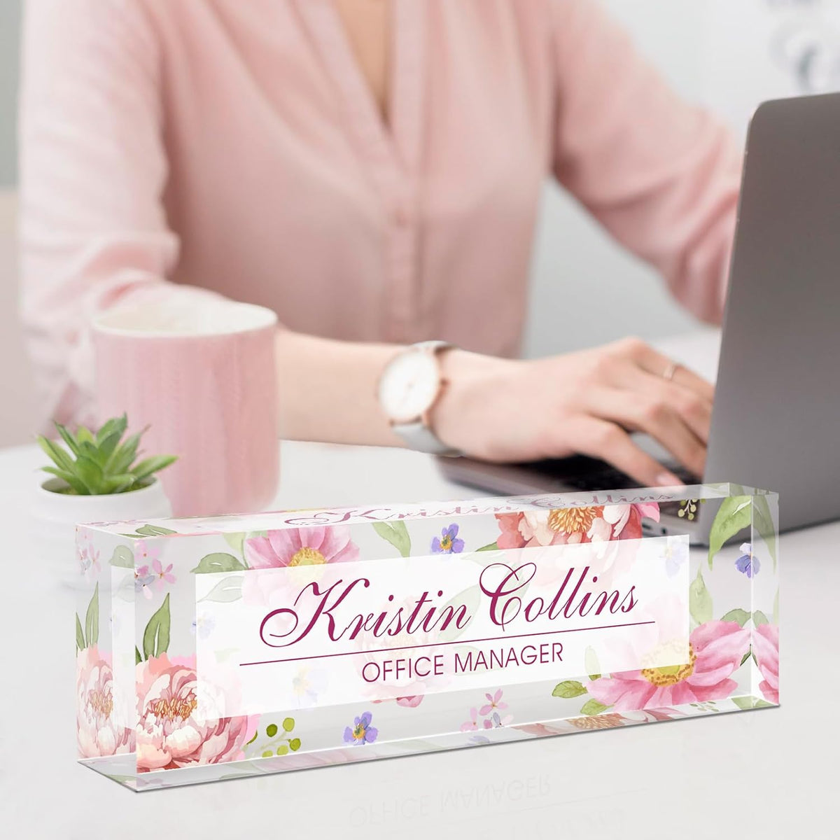 Custom Name Plate for Desk, Acrylic Office Decor For Women Men, Personalized Office Desk Accessories, Teacher Employee Appreciation Gifts For Social Worker Boss Coworkers (Flowers-3)