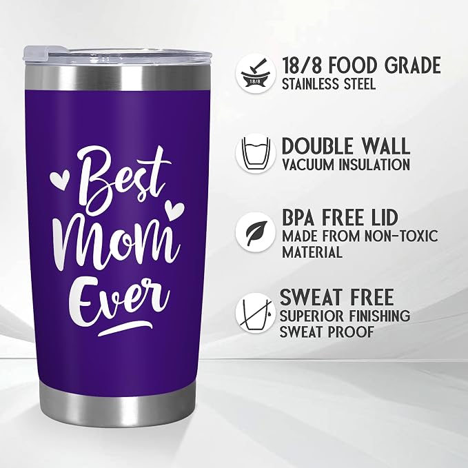 TEEZWONDER Birthday Gifts for Mom from Daughter Son - Best Mom Ever Stainless Steel Insulated Coffee Tumbler with Lid 20 oz - Mothers Day Birthday Gifts for Moms Mama Mother in Law Stepmom
