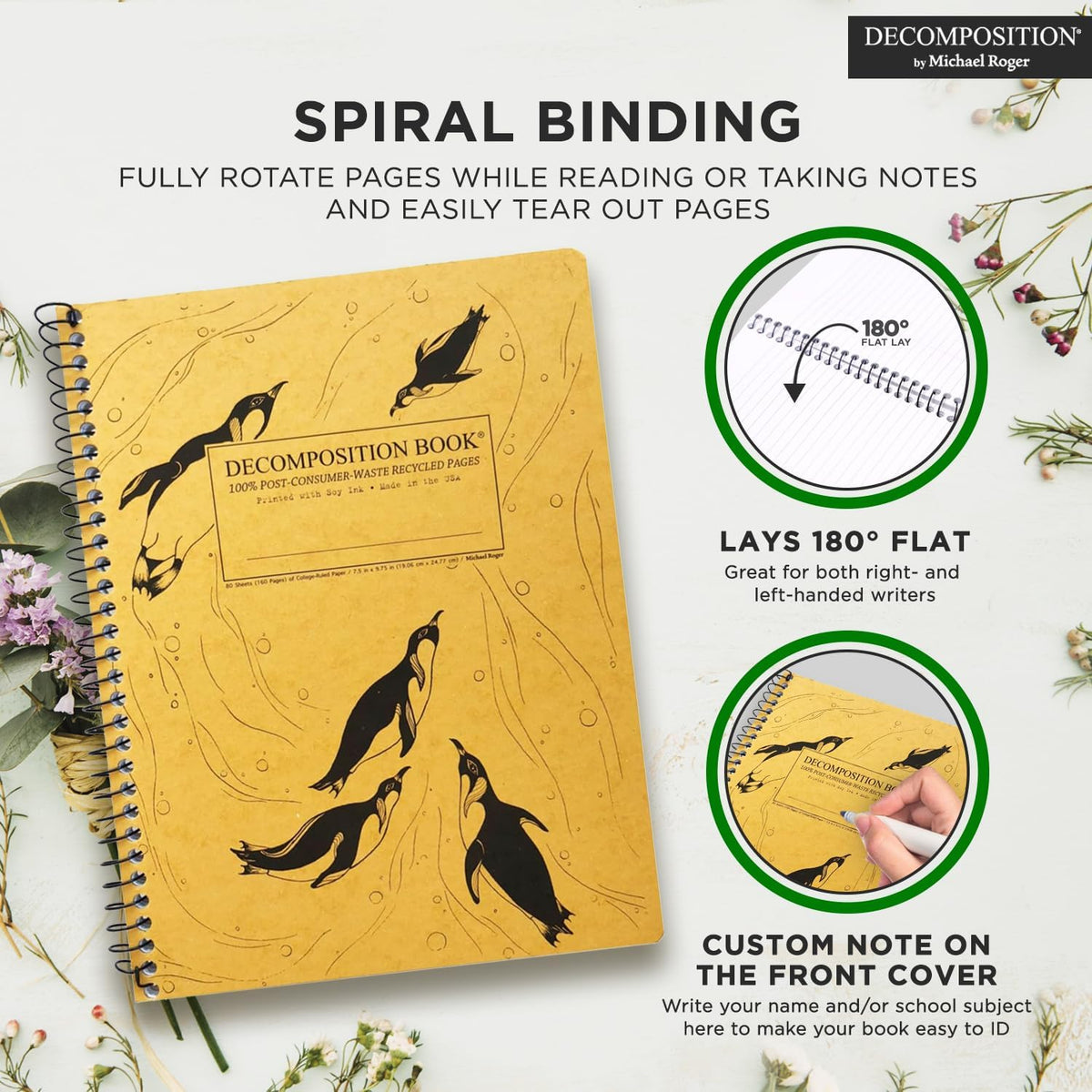 Decomposition 3-Pack Feathered Friends College Ruled Spiral Notebook - 9.75 x 7.5 Journal, 160 Lined Pages - 100% Recycled Paper - Notebooks for School Supplies, Home & Office - Made in USA