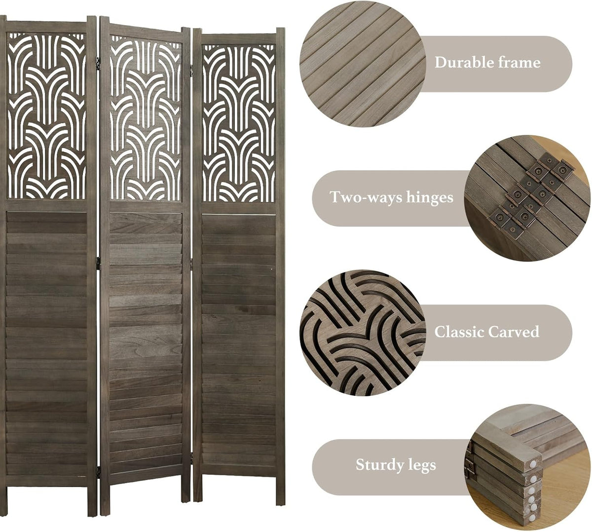 Folding Room Divider, 66.9 Inch 6 Panels Wood Carved Privacy Screens, Free Assembled Freestanding Portable Separation Wall for Home Office Restaurant Bedroom (Gray)