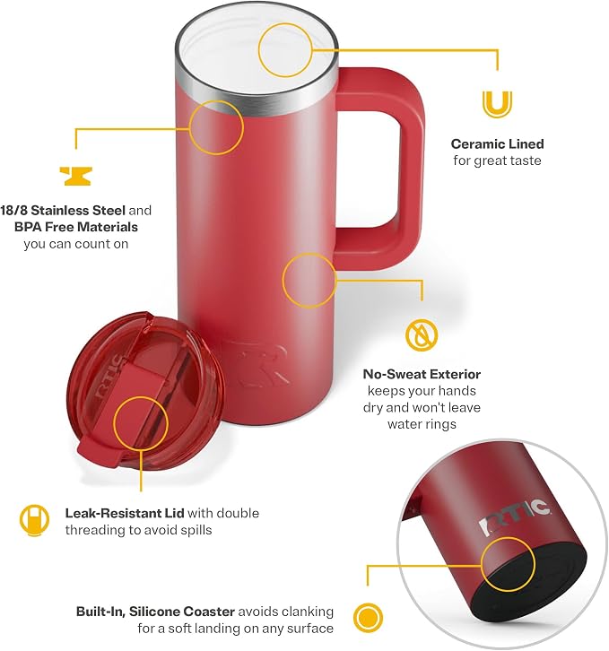 RTIC 20oz Road Trip Travel Mug with Lid and Handle, Ceramic Lined, Insulated, Stainless Steel, Metal, Double Wall Vacuum-Insulation, Portable Coffee, Tea Cup for Hot and Cold Drink, Flag Red
