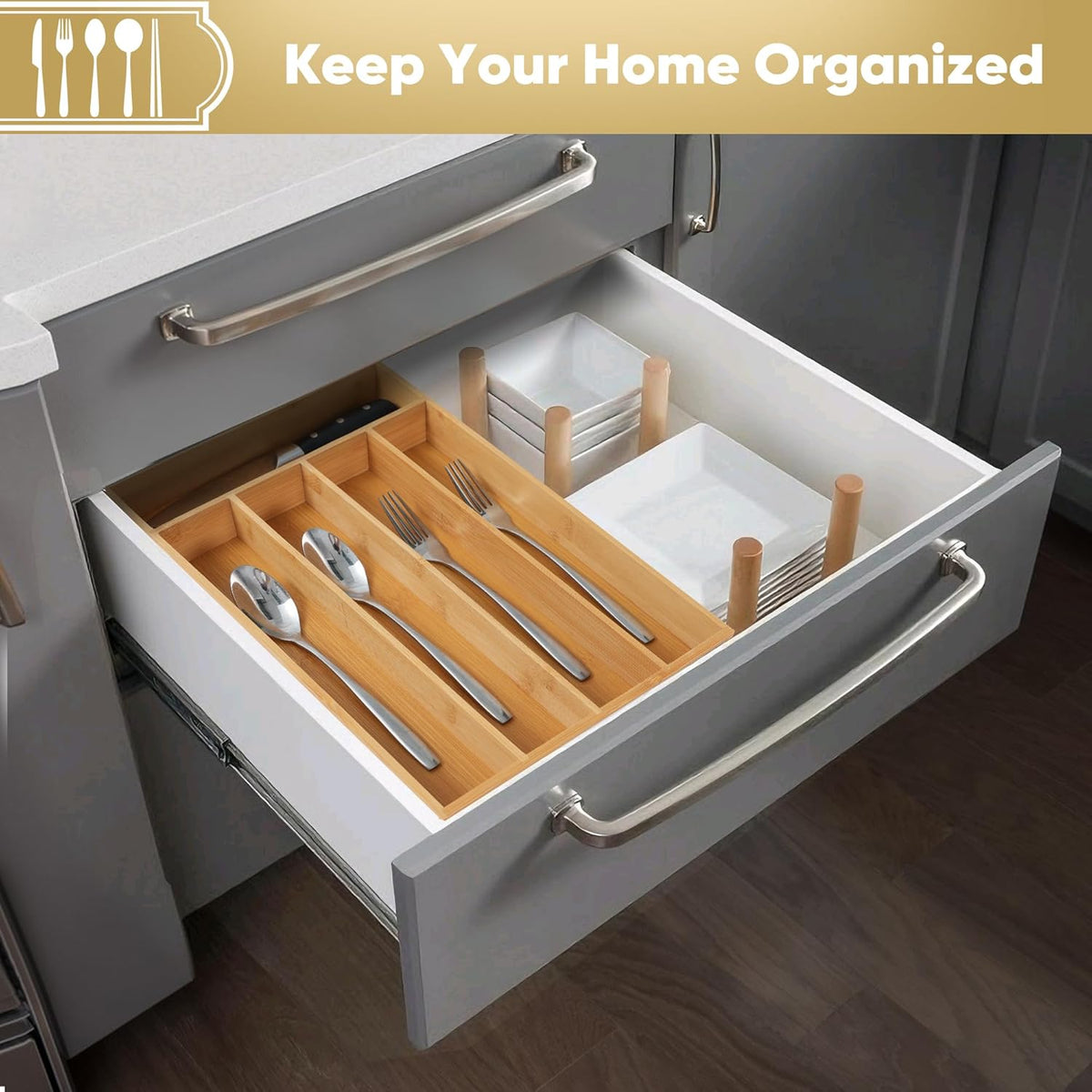Silverware Organizer, 10 Inch Utensil Organizer Kitchen Drawer Organizer Bamboo Silverware Holder Cutlery Tray Organizer in Drawer Flatware Organizer Tray(5 slots, Natural）