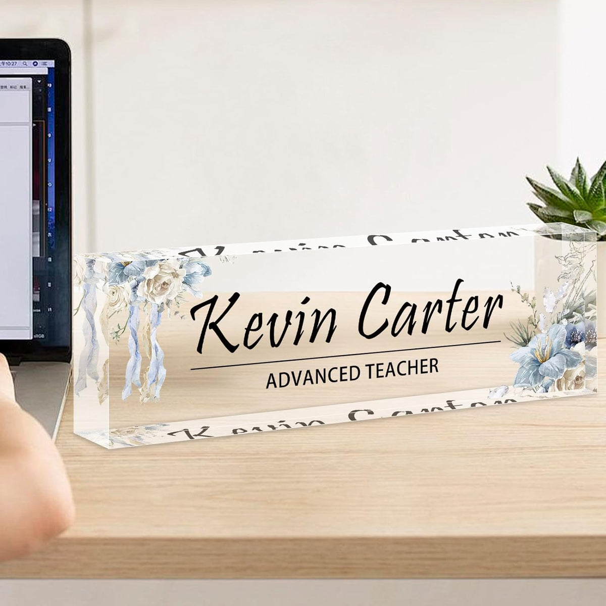 Name Plate for Desk Personalized, Acrylic Desk Decorations, Employee Appreciation Gifts, Custom Office Gifts for Coworkers, Boss, Teacher, Nurse (White Blue Flowers)