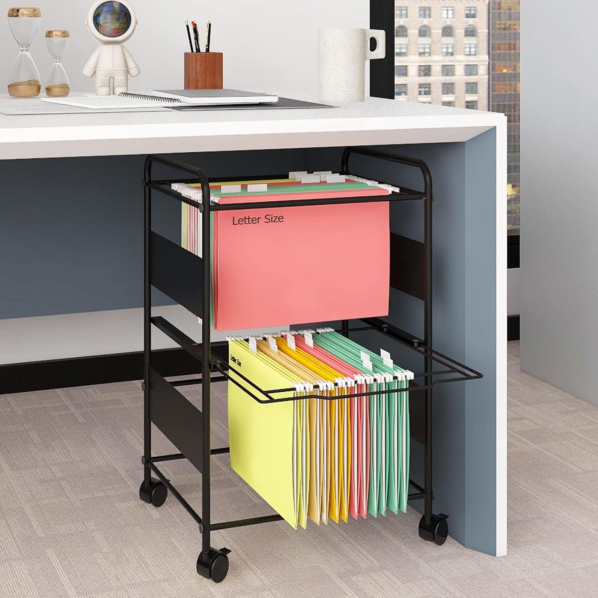 PUNCIA 2-Tier Metal Rolling File Cart with Wheels and Hanging Files for Letter Size - Movable Pull-Out Folder Rack Drawer Cabinet for Home Office