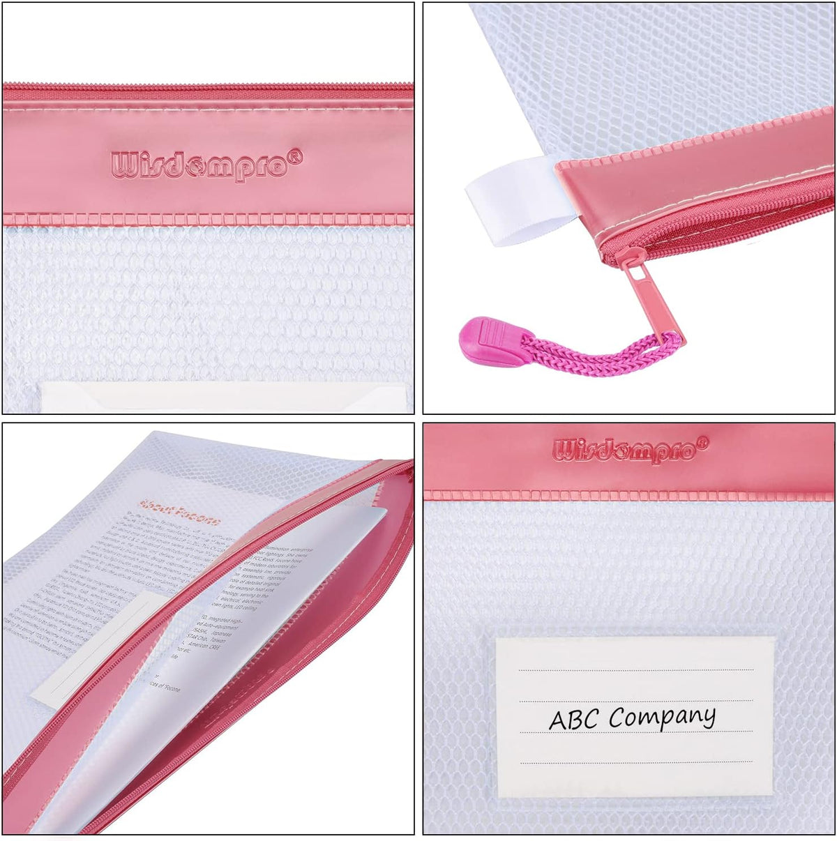Zipper Pouch, Wisdompro 4 Packs Durable Letter Size Waterproof Mesh File Bag, Document Organizer - Pink