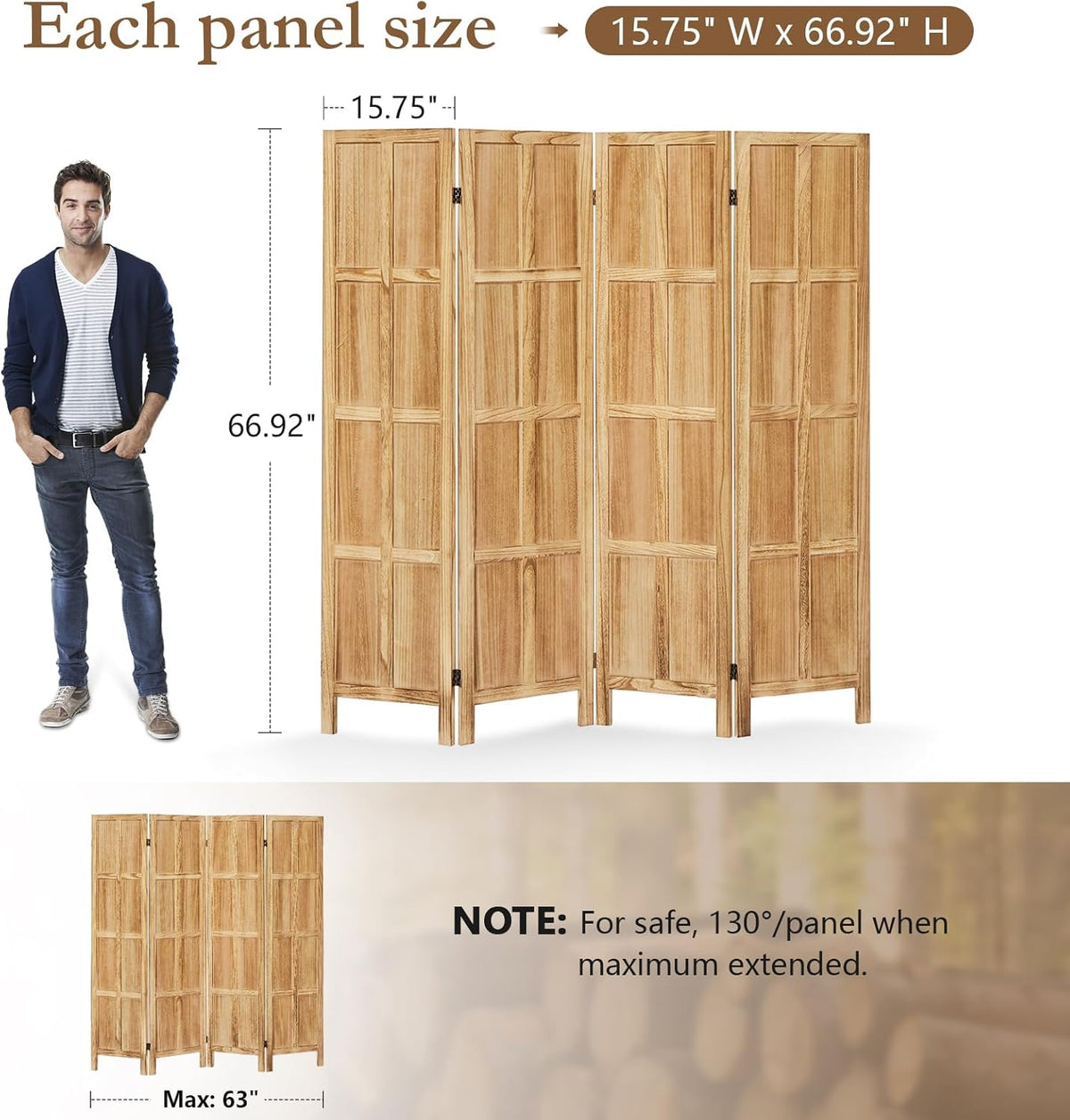 4 Panel Room Divider, 5.6Ft Wood Room Dividers and Folding Privacy Screens, Room Divider Wall Freestanding, Room Dividers Screen for Home Office Restaurant Bedroom, Light Brown