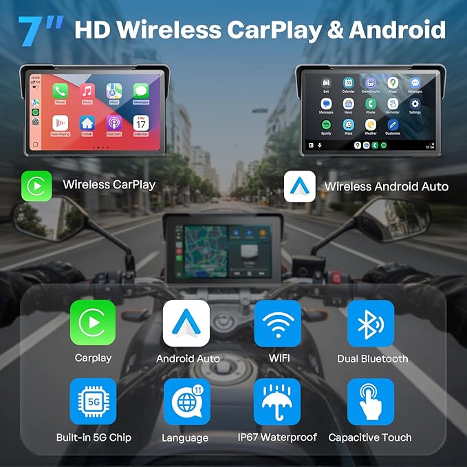 WonVon 7 Inch Wireless Motorcycle Carplay GPS Navigation System