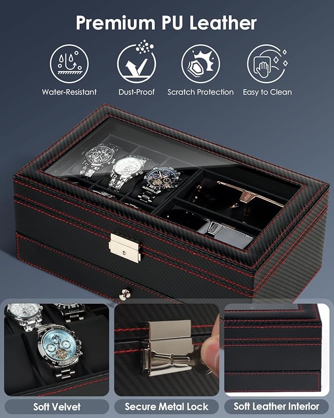 Watch Jewelry Box Organizer, 6-Slot 2-Layer Watch Case and Sunglasses Storage