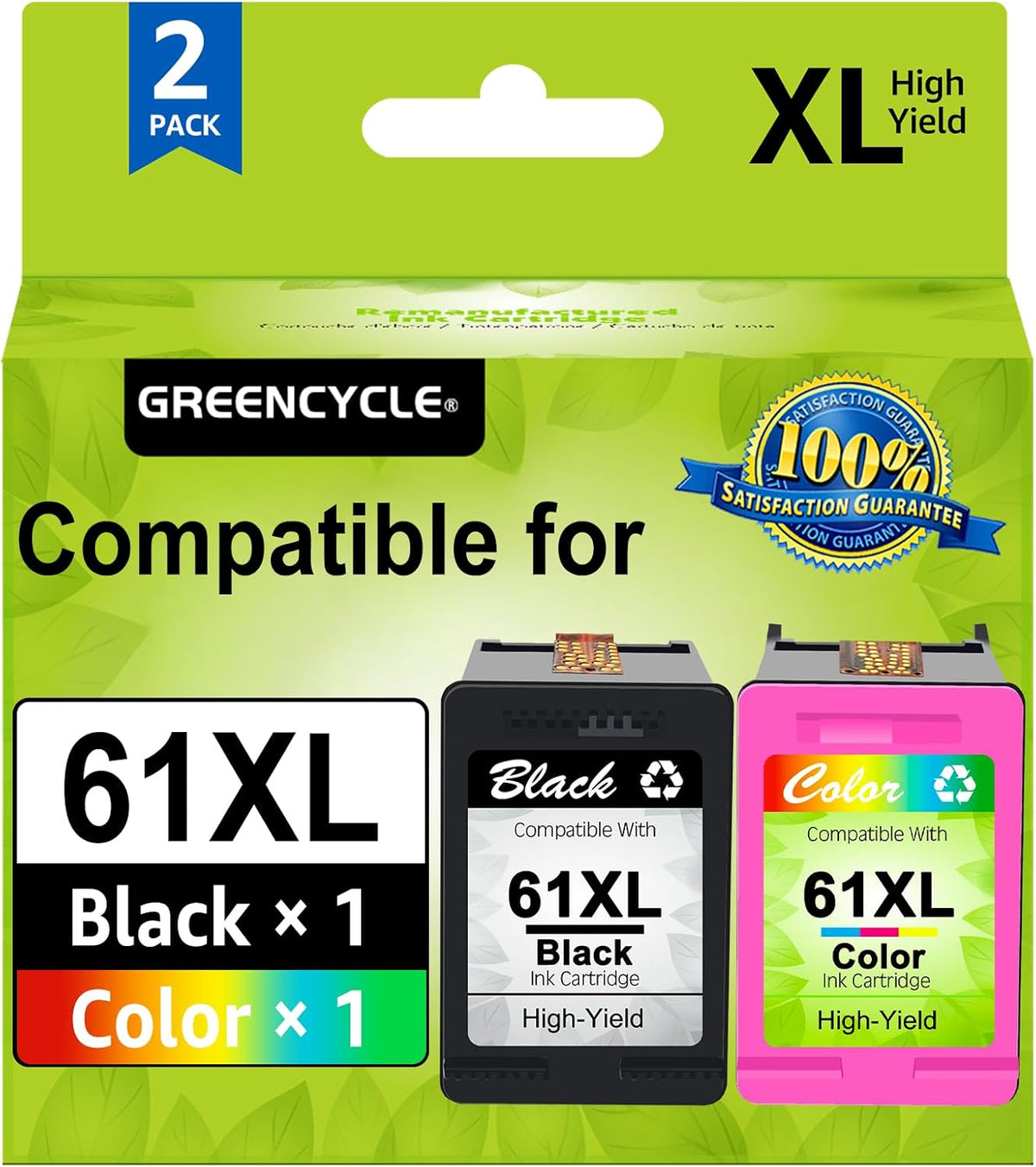 GREENCYCLE 61XL Ink Cartridges Combo Pack Replacement for HP 61 XL Black and Color Ink Compatible with Envy 4500 5530 Deskjet 1000 1056 1510 1512 1010 1055 OfficeJet 4630 Printer,2 Pack