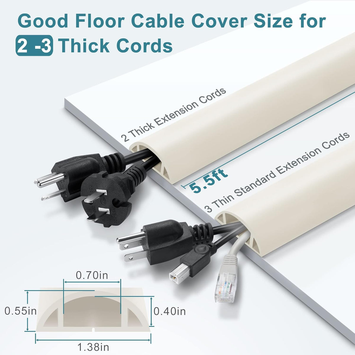 5.5FT Floor Cord Cover, Beige Soft Cable Cover Floor, Large Size Extension Cord Covers for Floor, Power Cord Protector Floor Wire Cover - Cord Channel Diameter: 0.7" (W) x 0.4" (H)