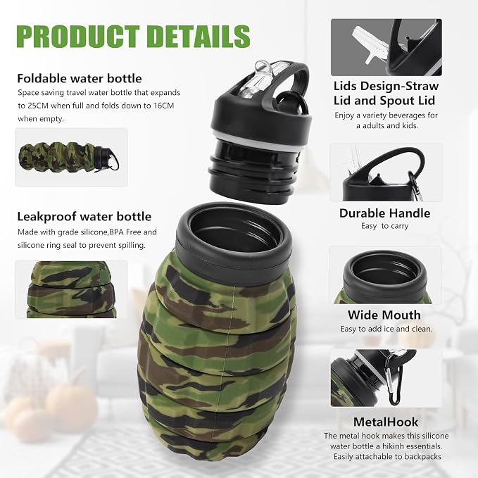 Collapsible Travel Water Bottle18oz, Reuseable Silicone Foldable Water Bottles
