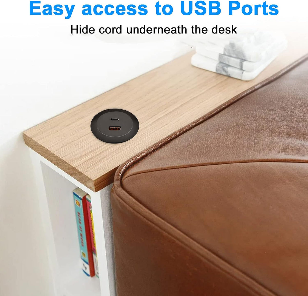 Desk USB Power Grommet Outlet, Built-in 1 USB-A and 1 USB-C Ports, USB Hub for Sofa, Couch, Table, Bedside, Workbench, Office, Home, 5 FT Power Cord