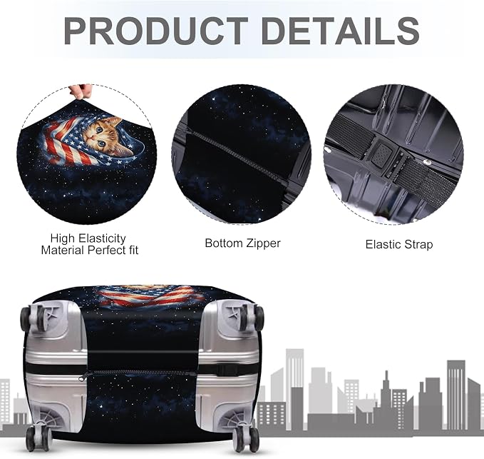 ANNA QUEEN Cute Patriotic Cat Luggage Cover, American Flag Suitcase Protector