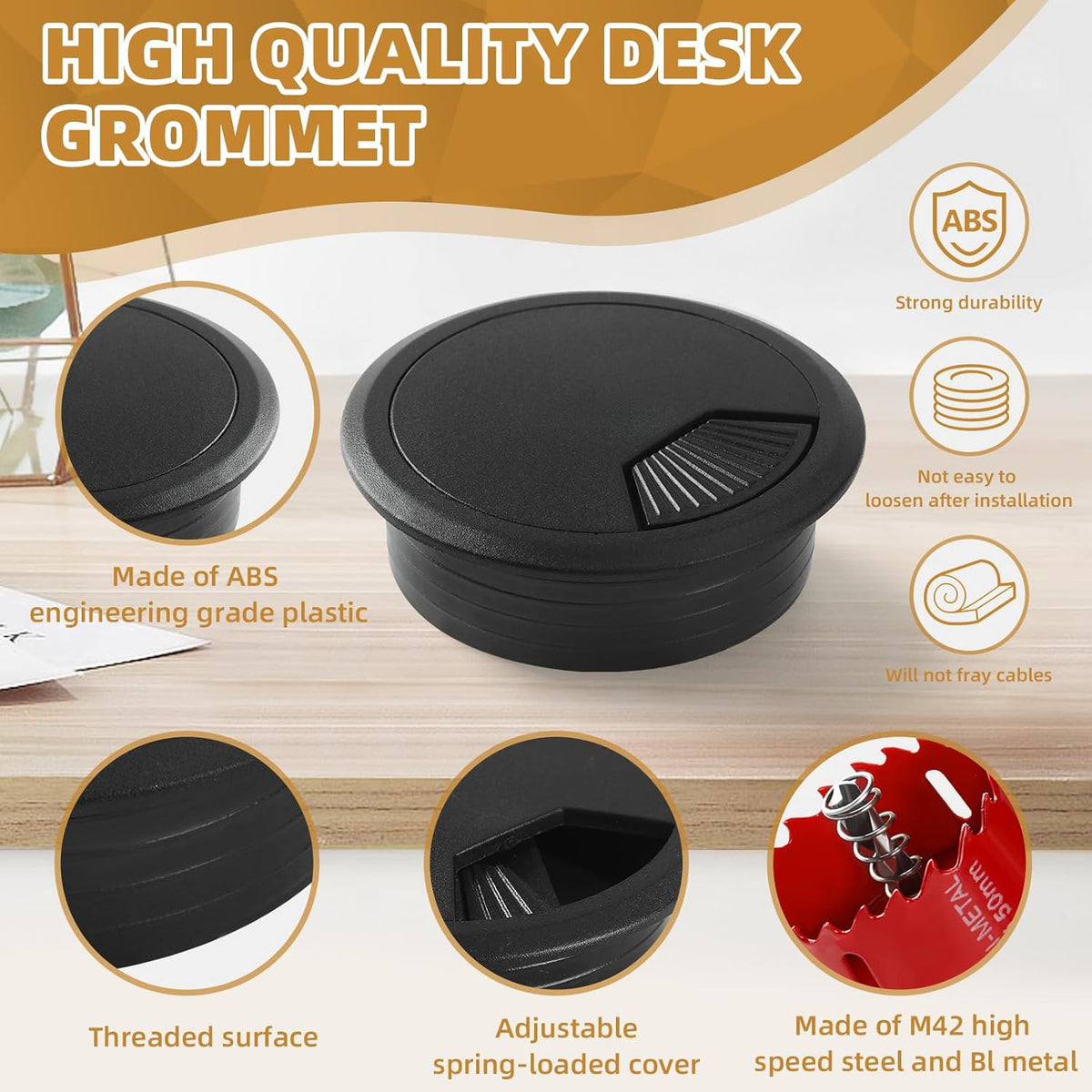 Desk Grommet 2 Inch (50 mm) 10 Pieces, Desk Hole Cover for Cables Black, ABS Plastic Grommet Hole Cover with Hole Saw for Wires Cables Through The Countertop by XIOGZAXI