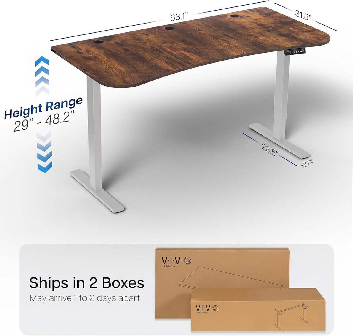 VIVO Electric 63 x 32 in Rustic Standing Desk, Memory Height Adjustment, 1B Series, Vintage Brown Top Gray Frame, DESK-KIT-1G1N