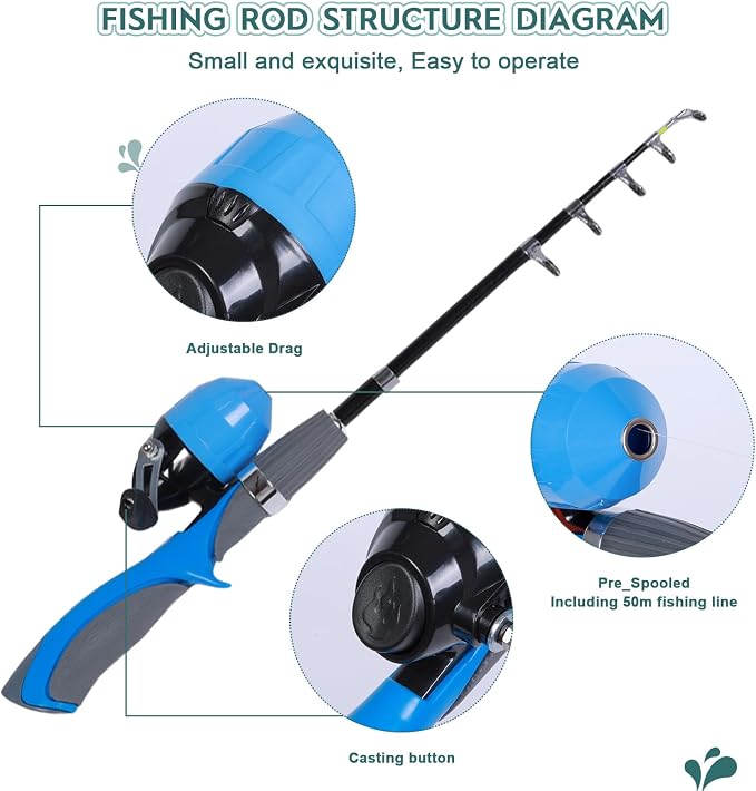 Urban Deco Kids Fishing Pole Kit 2 Pack, Portable Telescopic Kids Fishing Rod