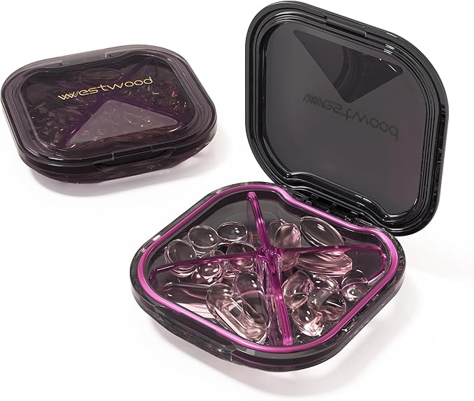 1 Pack Small Purple Pill Organizer, 4 Compartments, Compact Stylish Cute Travel