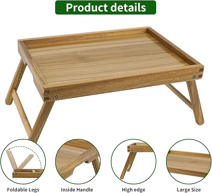 VaeFae Acacia Bed Table Tray, Wooden Breakfast Tray