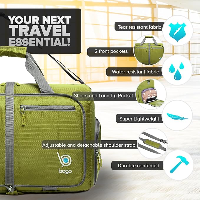 Bago Foldable Duffel Bags for Traveling Women & Men - 40L Sports Packable