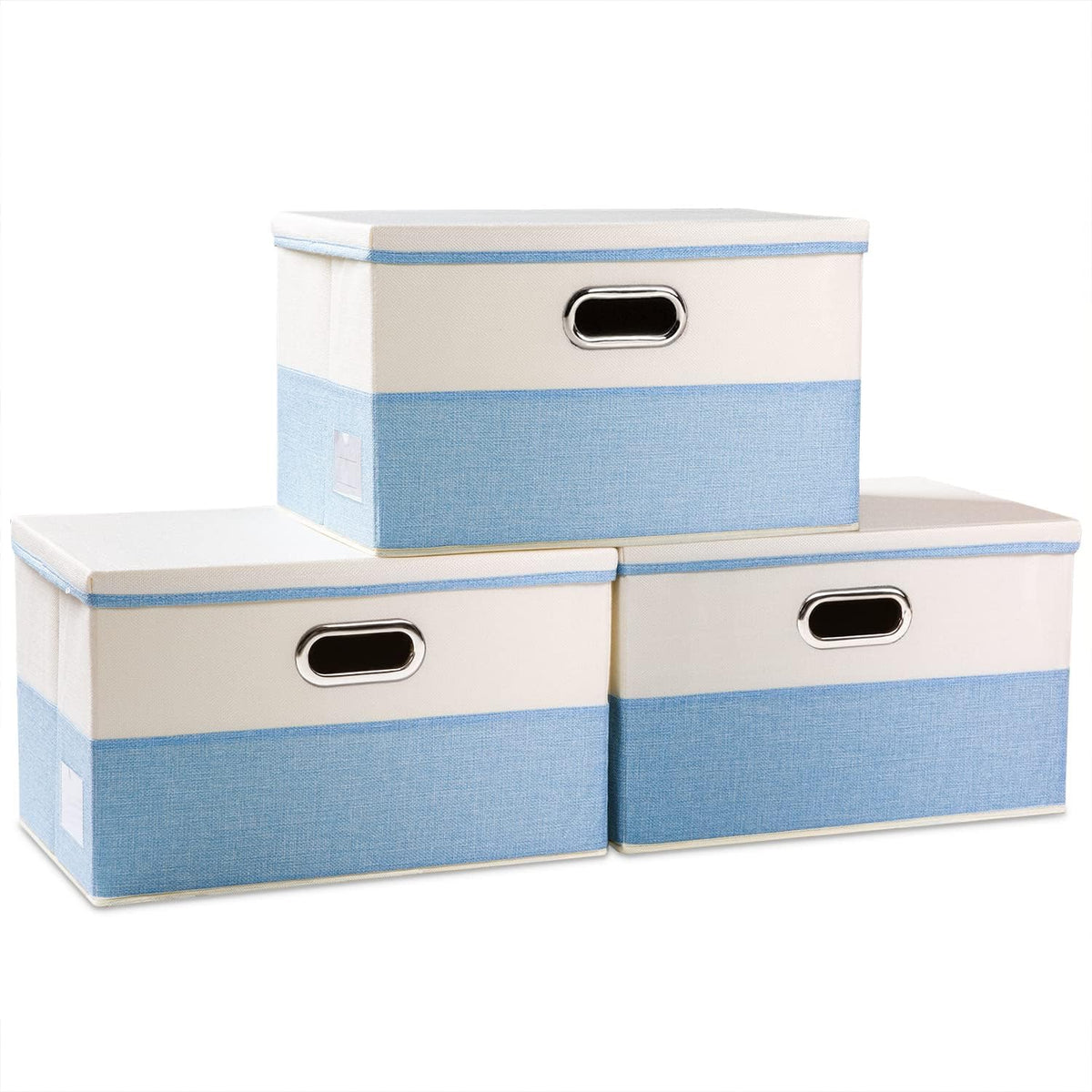 PRANDOM Large Foldable Storage Boxes with Lids [3-Pack] Fabric Collapsible Storage Bins Organizer Containers Baskets Cube with Cover for Home Bedroom Closet Office Nursery Blue&Cream(17.7x11.8x11.8)