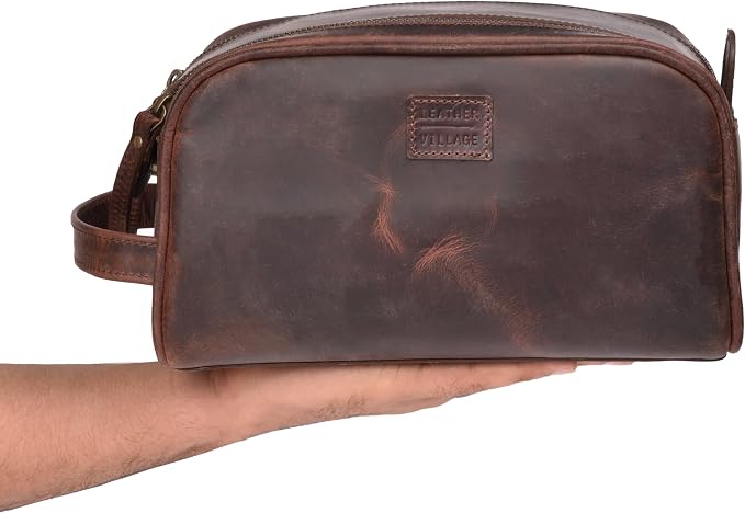 LEATHER VILLAGE Premium Leather Toiletry Travel Pouch