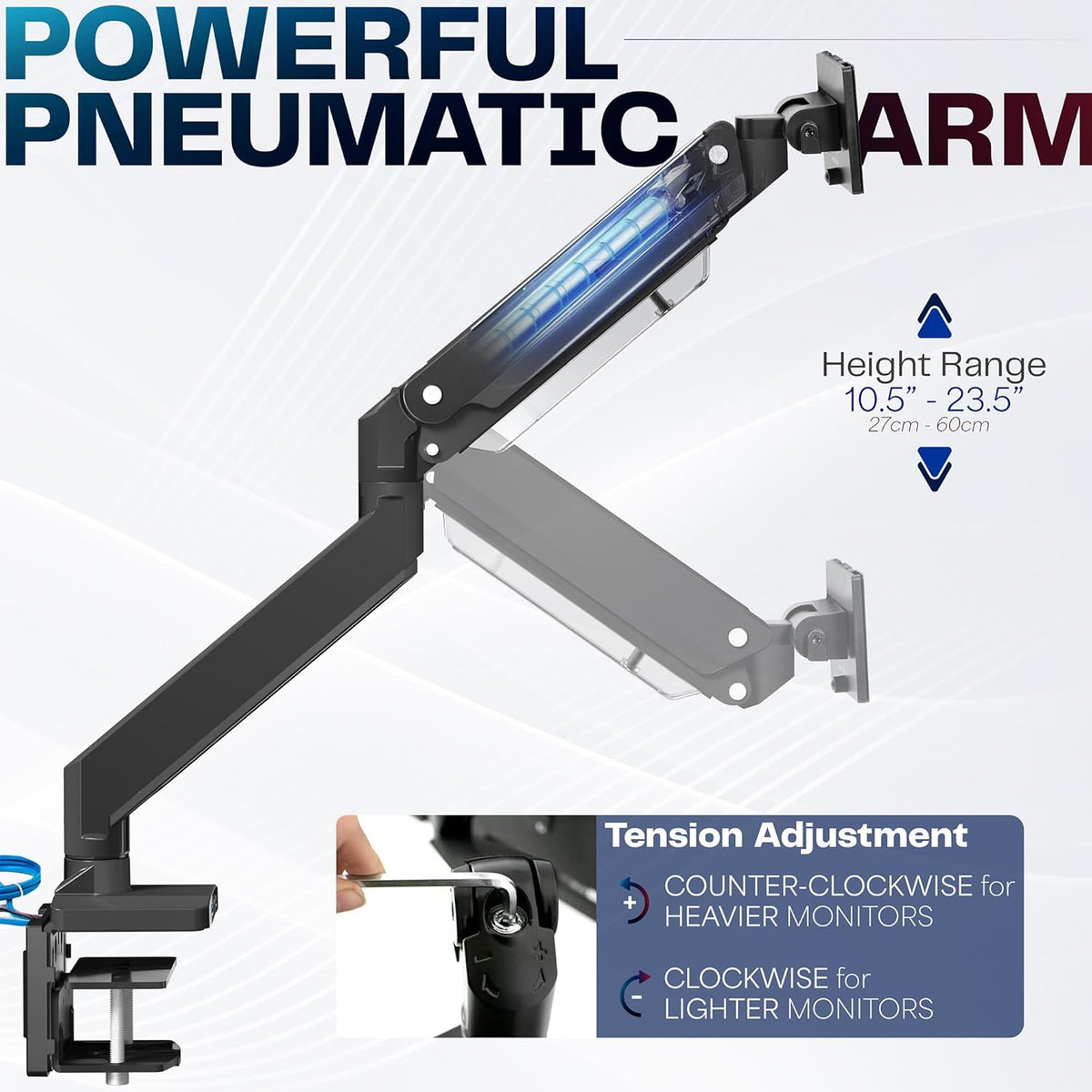VIVO Premium Aluminum Heavy Duty Monitor Arm with 3.0 USB Ports, Fits Ultrawide Monitors up to 49 inches and 33 lbs, Single Desk Mount Stand, Pneumatic Height, Max VESA 100x100, Black, STAND-V101G1U
