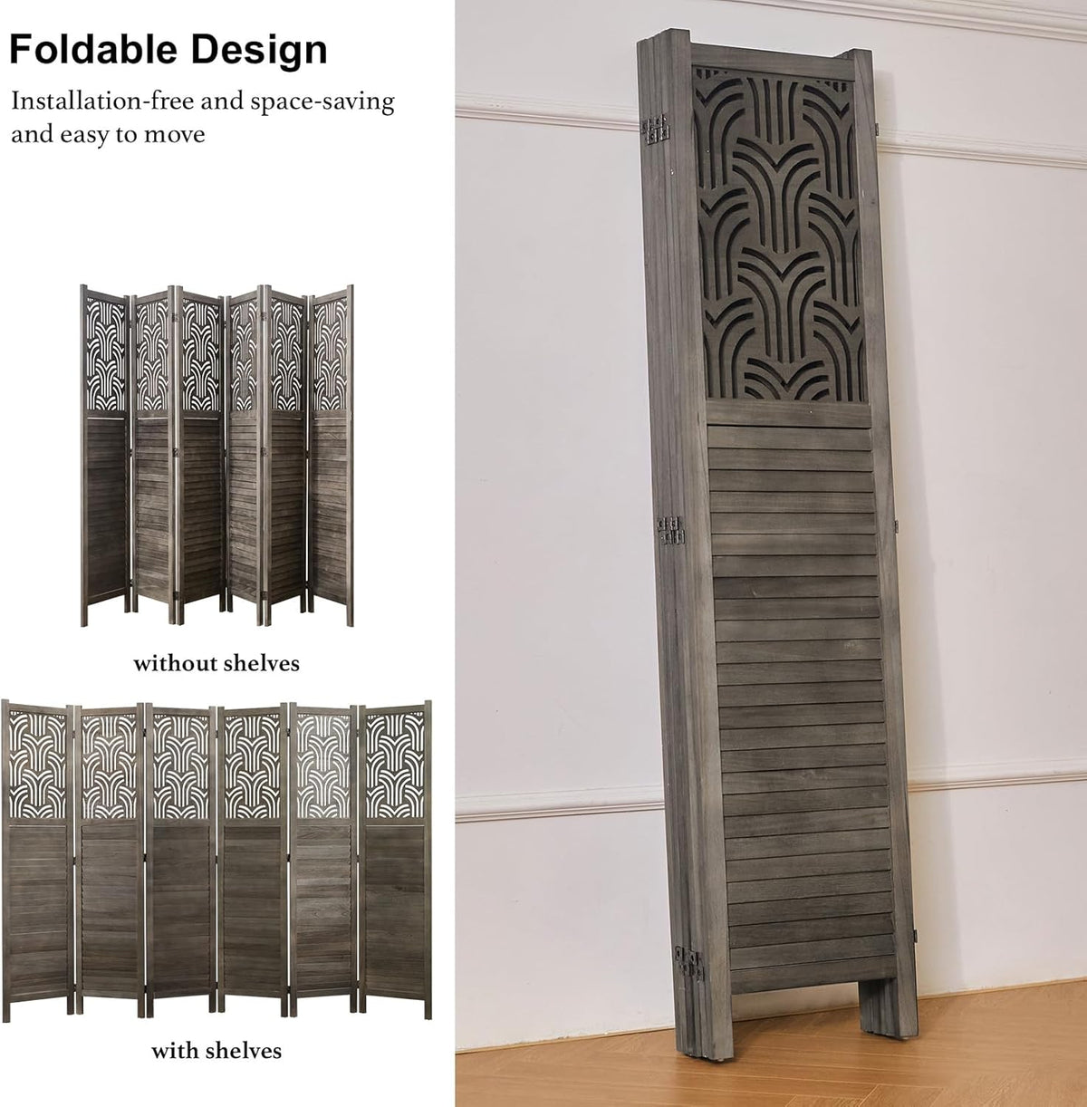 Folding Room Divider, 66.9 Inch 6 Panels Wood Carved Privacy Screens, Free Assembled Freestanding Portable Separation Wall for Home Office Restaurant Bedroom (Gray)