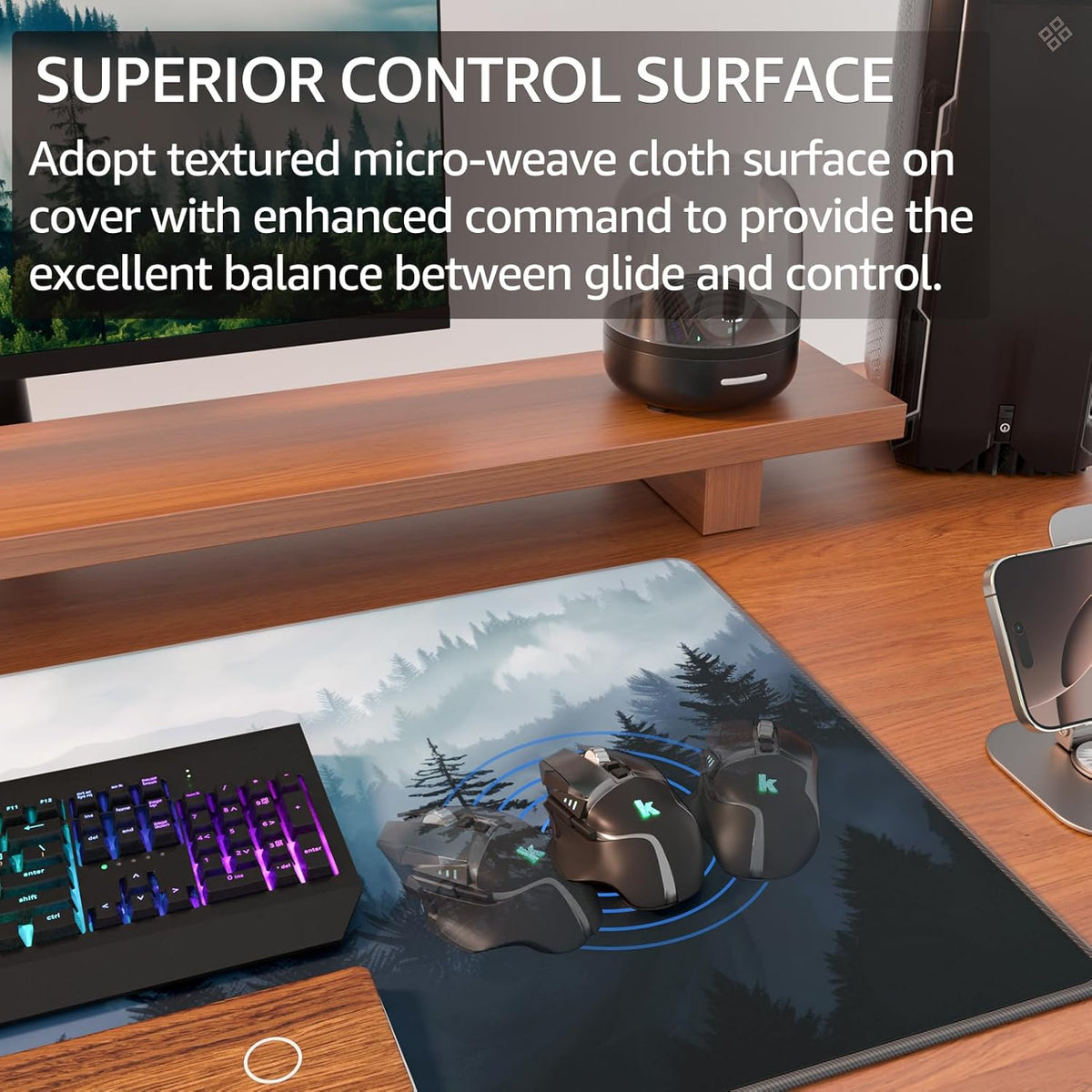 KTRIO Large Gaming Mouse Pad with Stitched Edges, Extended Mousepad with Superior Micro-Weave Cloth, Non-Slip Base, Water Resist Keyboard Pad for Gamer, Office & Home, 31.5x15.7in, Cloud Forest