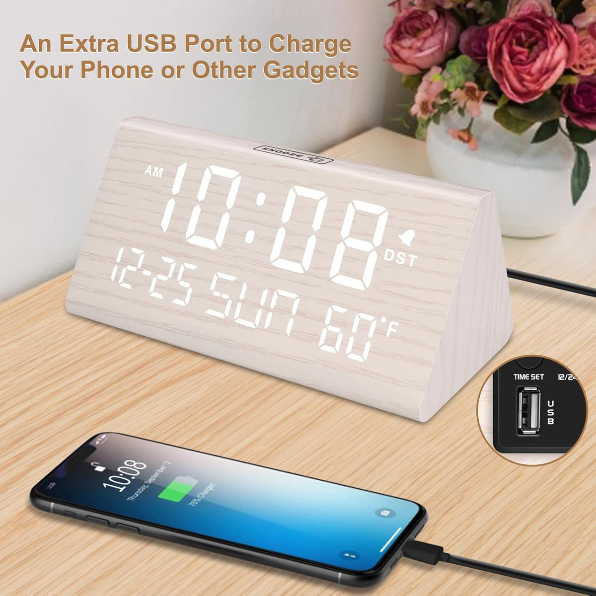 DreamSky Digital Alarm Clocks for Bedrooms - Wooden Desk Clock with Date, Day of Week, USB Port, Temperature, Dimmer for Bedside Table, Living Room, Office, Adjustable Volume, Auto DST, Wood Decor