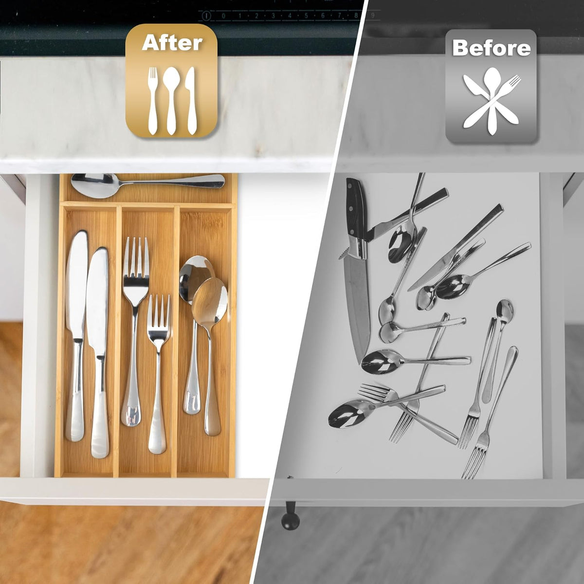 Silverware Organizer - Bamboo Kitchen Drawer Utensil Holder with 4 Slots (Natural)