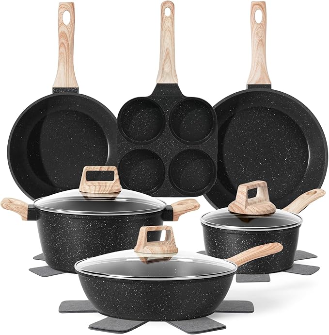 13 Pcs Pots and Pans Set, Nonstick Cookware Sets Black Granite Induction