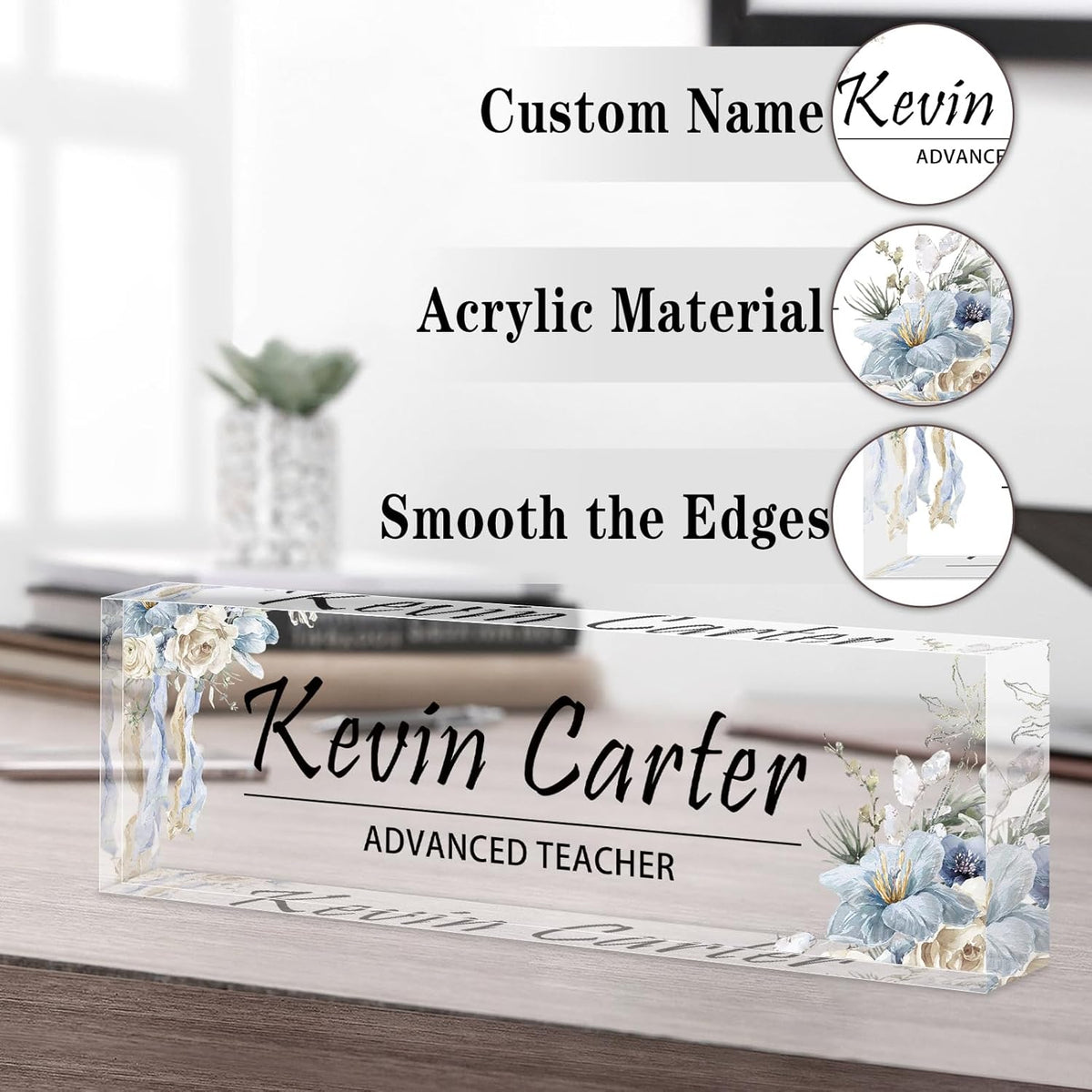 Name Plate for Desk Personalized, Acrylic Desk Decorations, Employee Appreciation Gifts, Custom Office Gifts for Coworkers, Boss, Teacher, Nurse (White Blue Flowers)